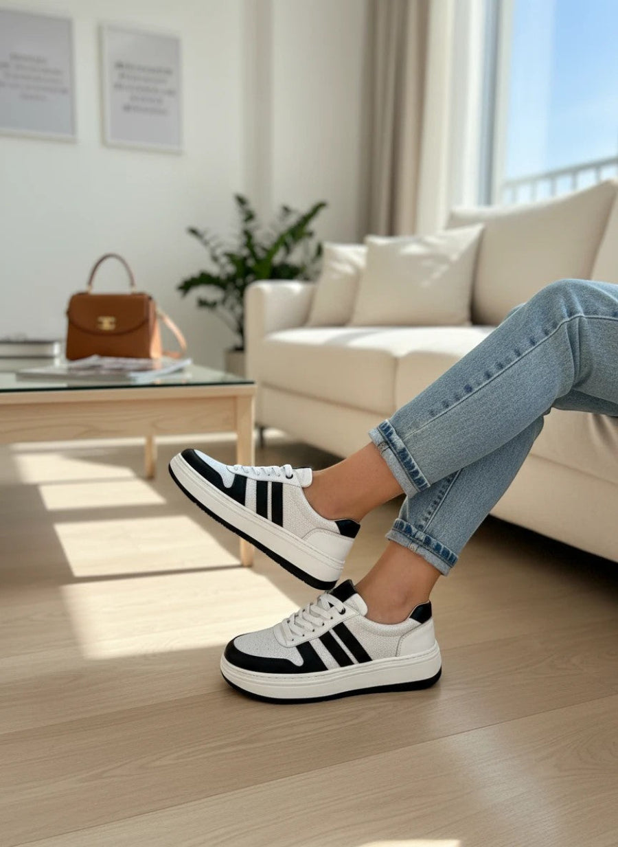 Zapatillas urbanas de cuero gavani shoes co en blanco y negro con suela de plataforma y textura granulada.